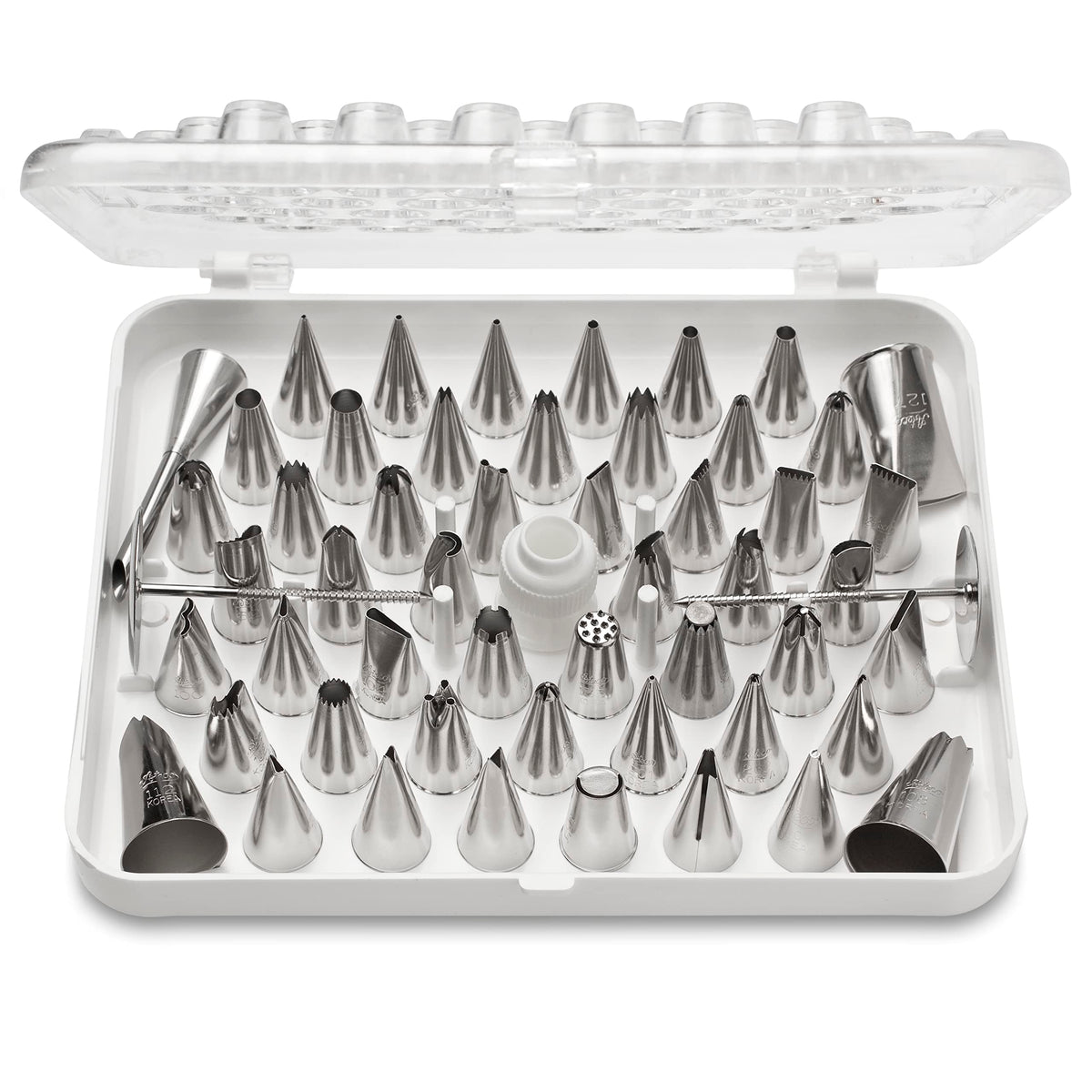 Ateco 52-piece cake decorating set with stainless steel tips for precise piping.