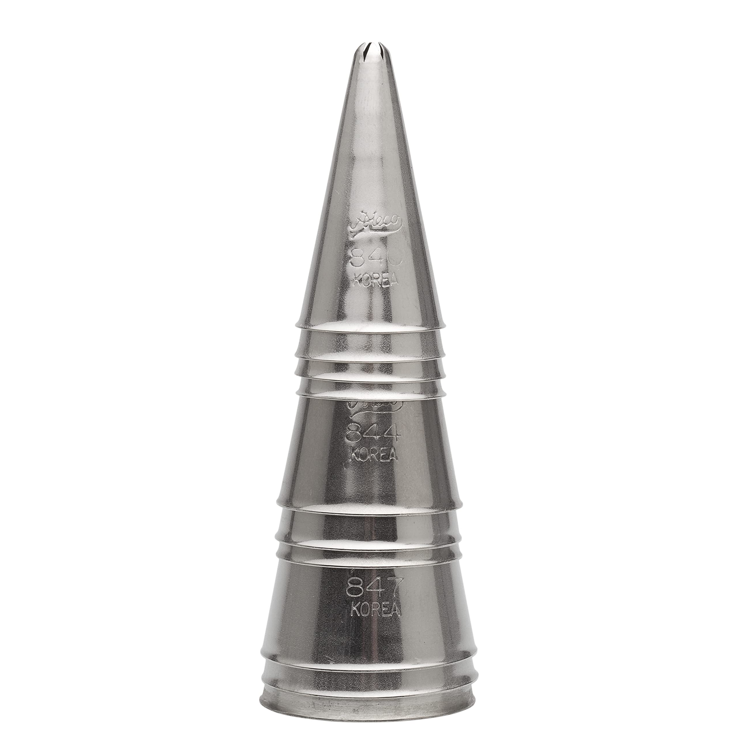 Stainless steel Ateco 850 pastry tips offer durable, dishwasher-safe performance.
