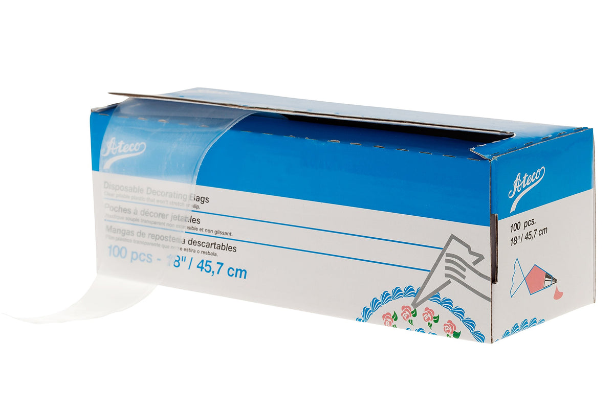Ateco disposable decorating bags on a roll in a sturdy box for quick access.