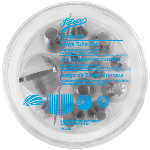 Ateco jumbo tip set with cleaning brush supports easy post-use cleanup.
