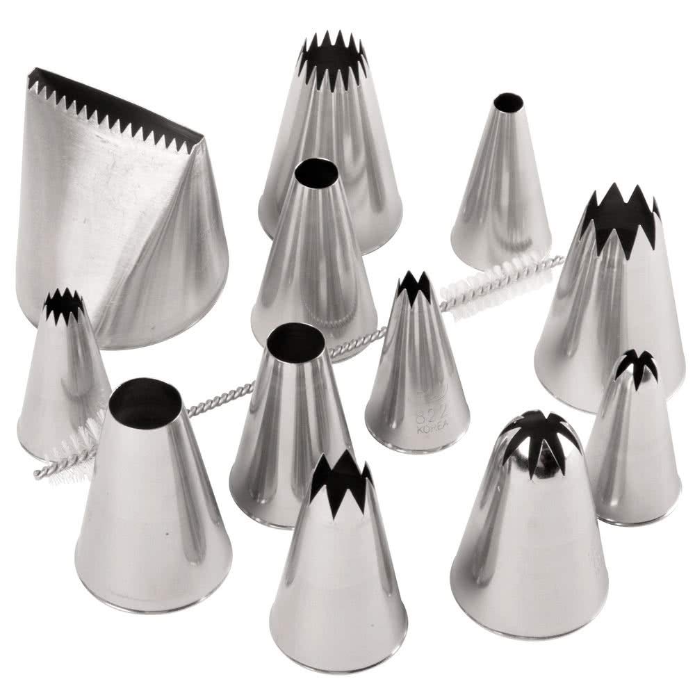 Ateco jumbo tip set in silver with tips stored in a box for quick decorating.