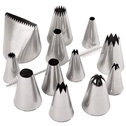Ateco jumbo tip set in silver with tips stored in a box for quick decorating.