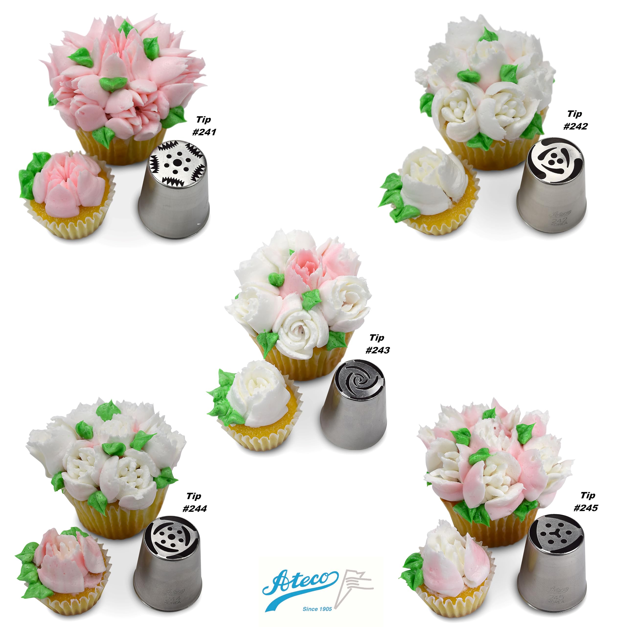 Ateco Russian tube set tips enlarge multi-petal blossoms for professional cake decorating