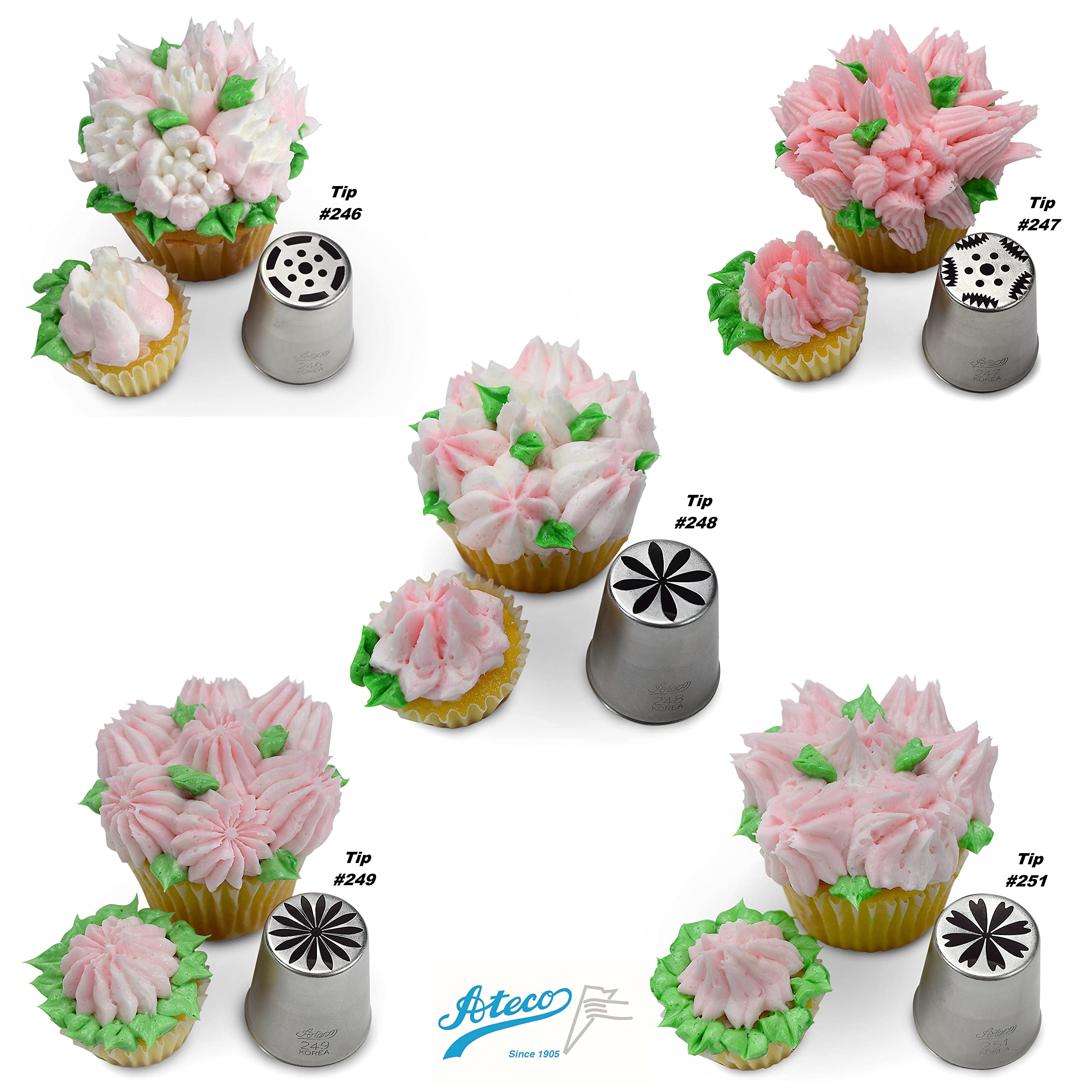 Ateco one-step set highlights versatile flower shapes and textured borders on desserts