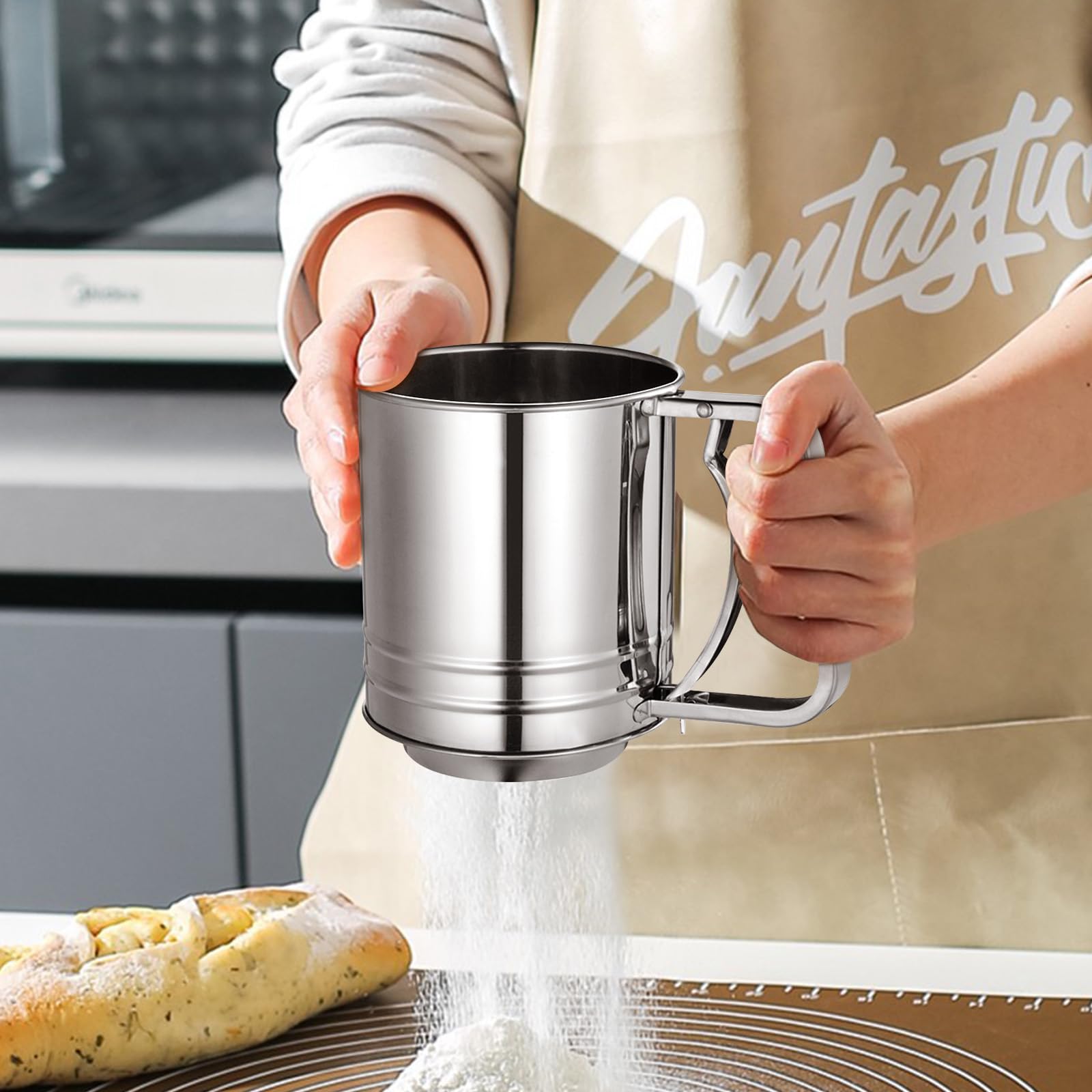 ATPWONZ flour sifter marked dishwasher safe for simple cleanup.