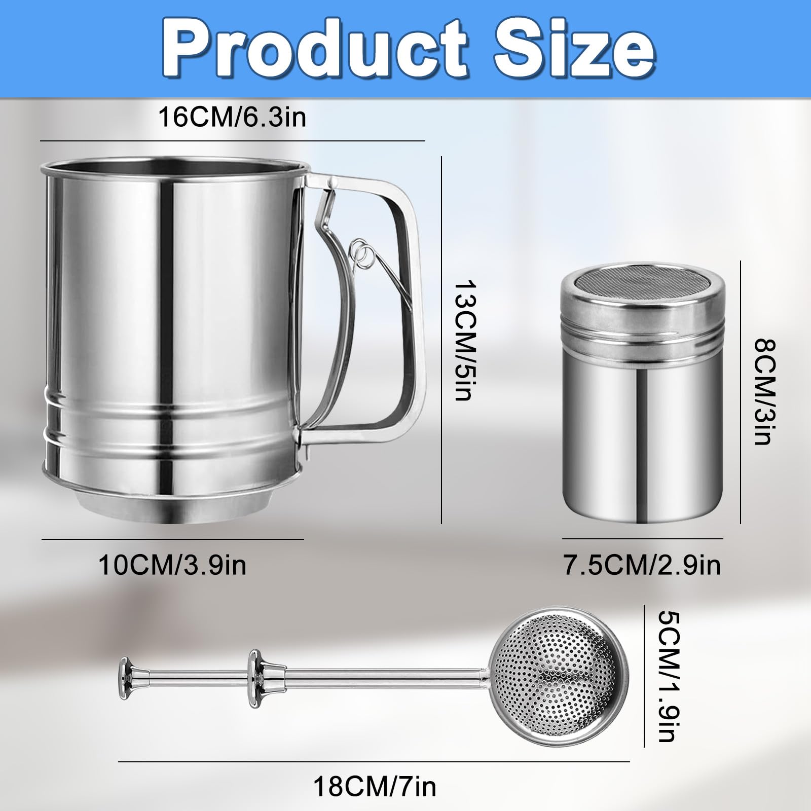 ATPWONZ flour sifter highlighting durable stainless steel body.