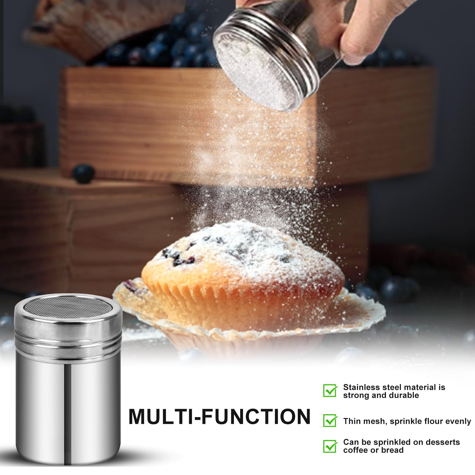 ATPWONZ flour sifter showing spring-loaded handle in action.