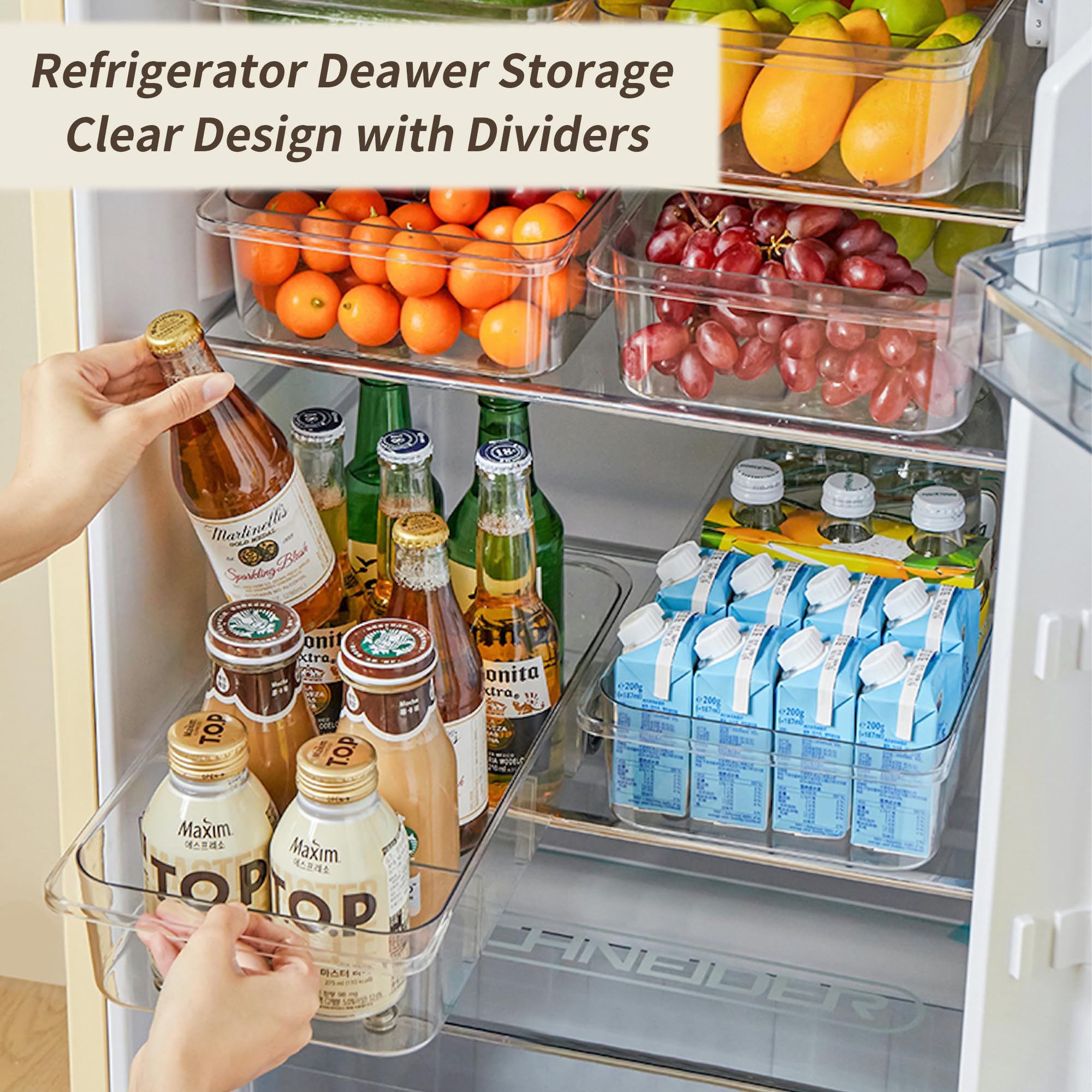 Adjustable dividers customize compartments for bottles, snacks, and produce