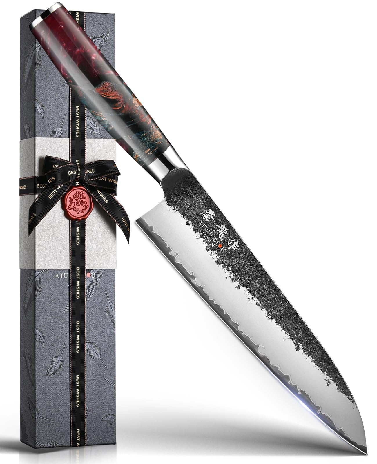 Atumuryou JPCK 8-inch chef knife with hand-forged blade for precise home slicing.