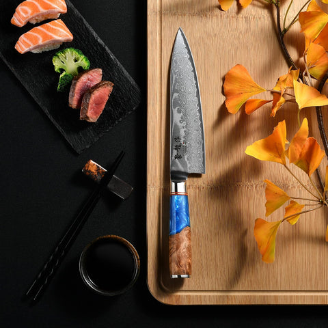 Atumuryou JPCK 8-inch Damascus knife edge ready for clean slices