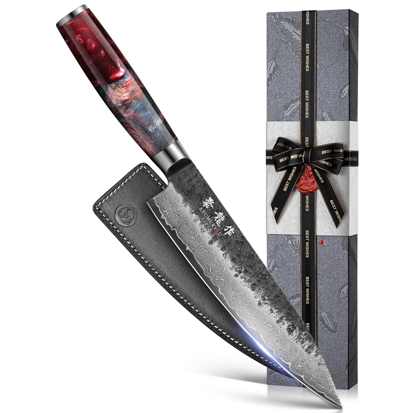 Atumuryou JPCK 8-inch VG10 Damascus knife close-up showing a sharp edge for precise slicing