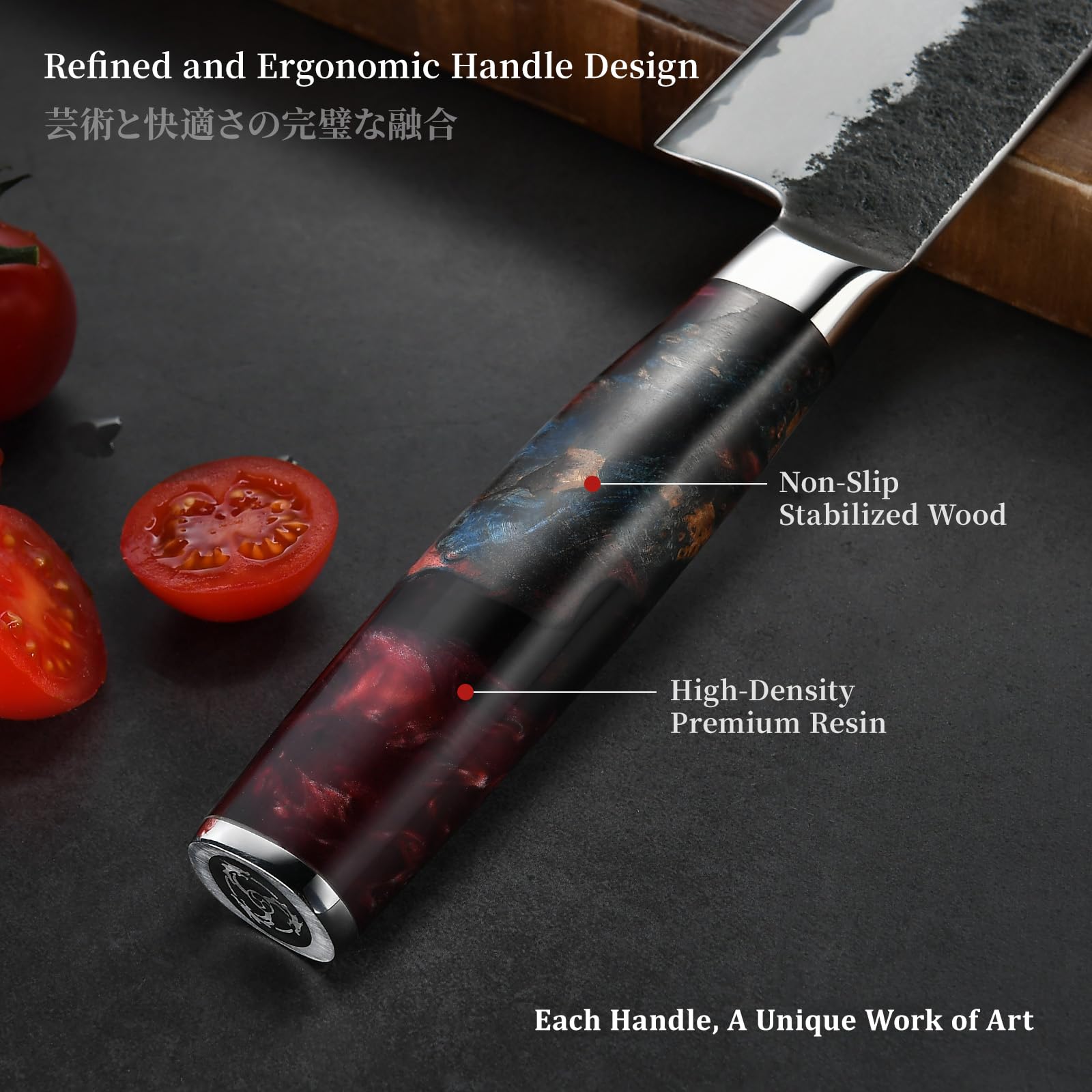 Atumuryou JPCK ergonomic stabilized wood handle reduces fatigue during long prep.