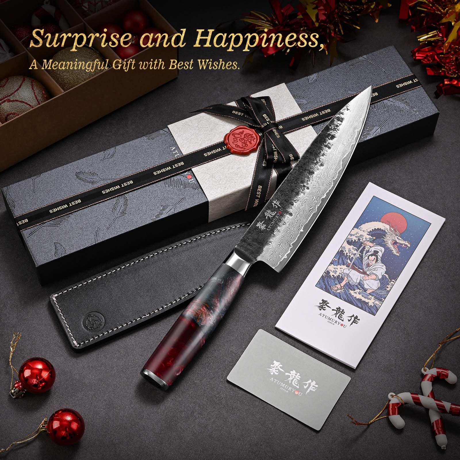 Atumuryou JPCK knife with rose-red stabilized wood handle for comfortable, balanced grip