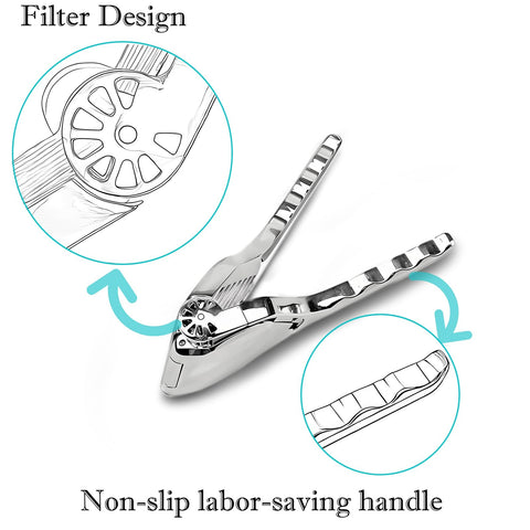 AUAM lemon squeezer closeup highlights steel teeth gripping citrus for maximum yield.