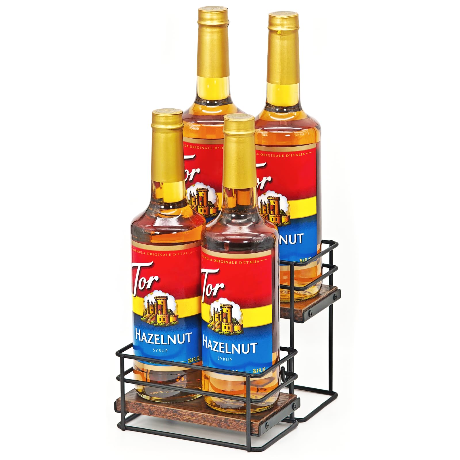 AUATRONNE 4 Bottle Syrup Organizer Rack with a 2-tier design keeps syrups neatly accessible