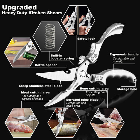 AUDAMI meat-cutting scissors with ergonomic handles for comfortable, extended use.