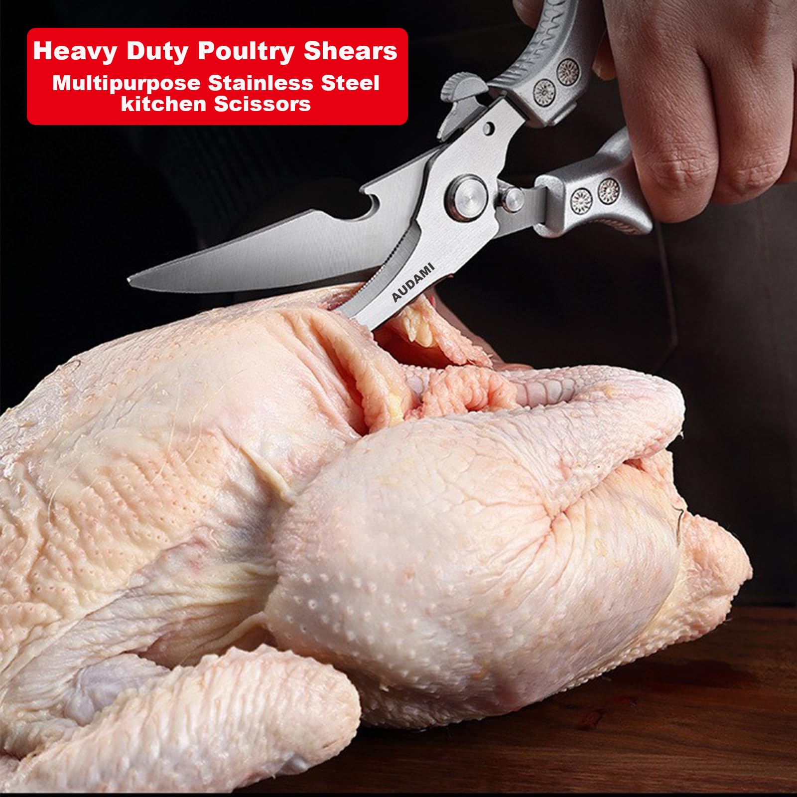 AUDAMI heavy-duty stainless steel poultry shears for bone-cutting and daily use.