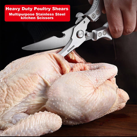 AUDAMI heavy-duty stainless steel poultry shears for bone-cutting and daily use.