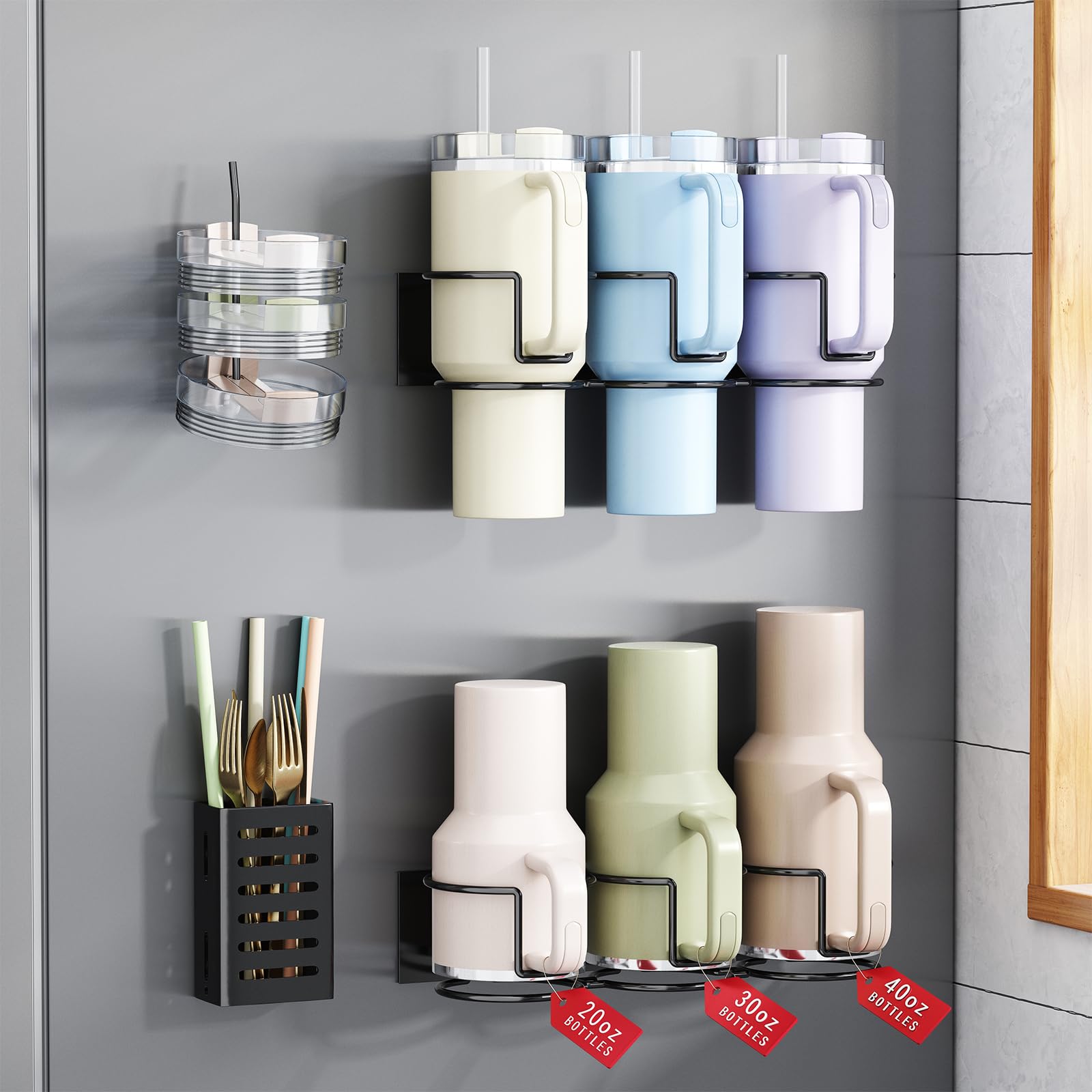 Aufworld magnetic cup holder on fridge secures 20 oz Stanley tumbler for quick access.