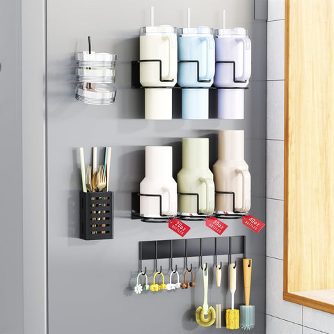 Aufworld magnetic cup holder on fridge keeping Stanley cups accessible with a strong hold.