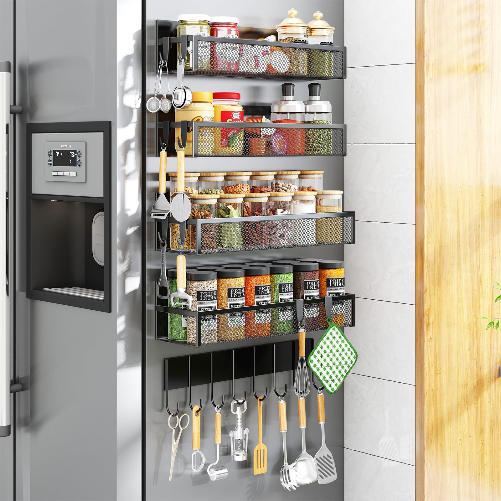 Aufworld magnetic spice rack on fridge side secures jars.