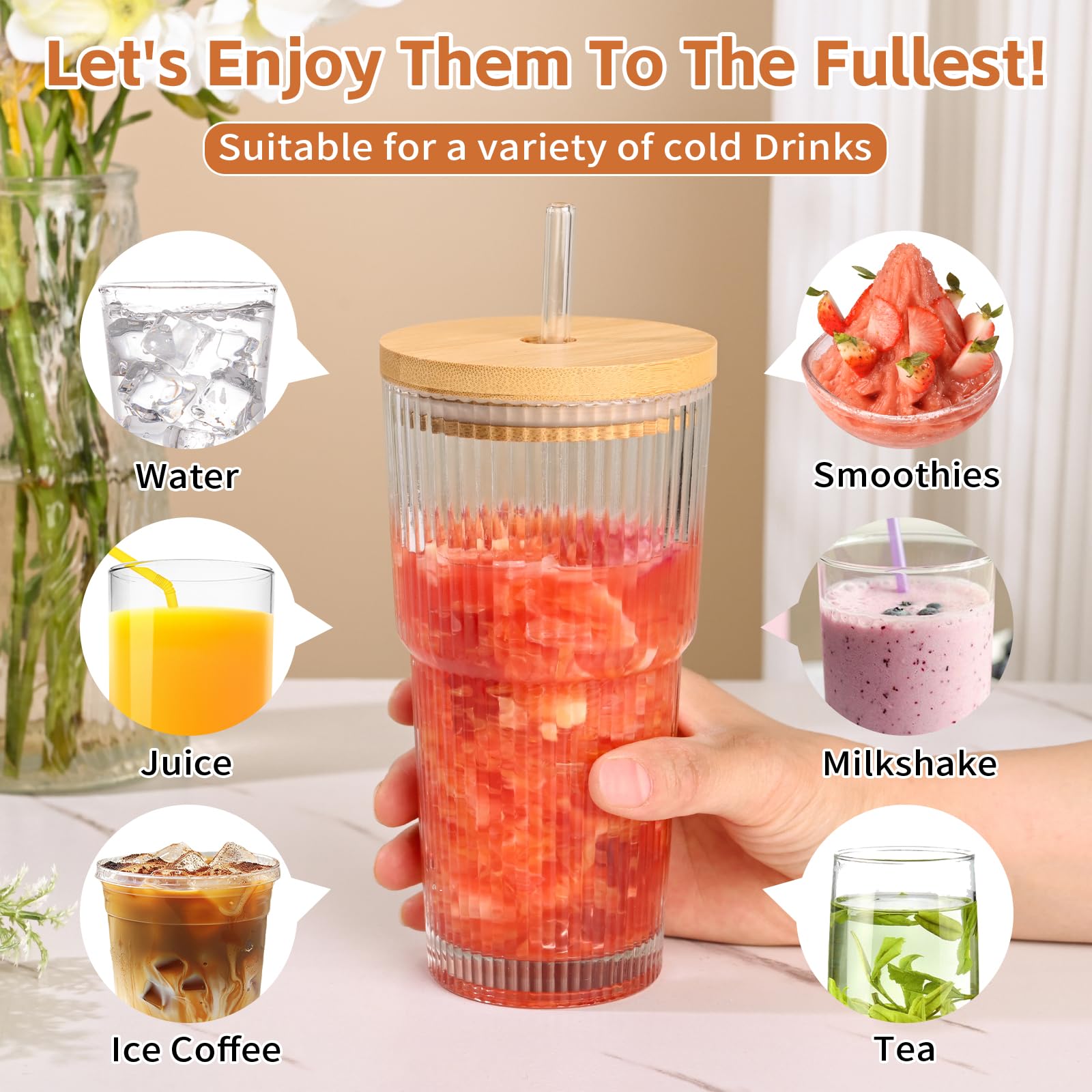Iced coffee in AUFXKOO cup demonstrates chill-and-serve presentation.
