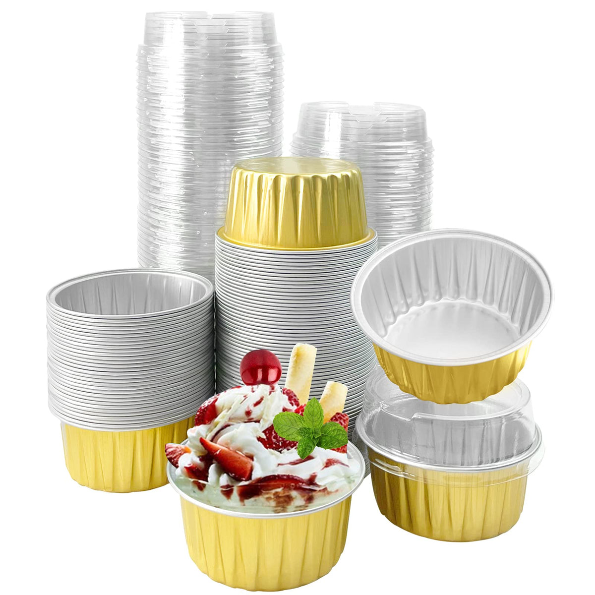 Augoog 100pcs aluminum cups with lids for neat single servings and freshness.