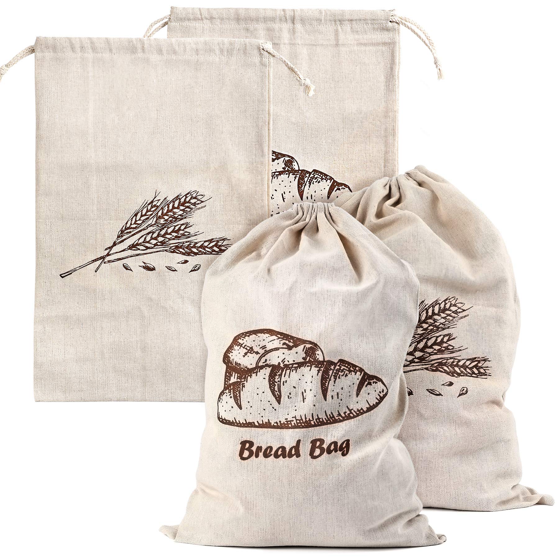 Augshy linen bread bags 4-pack with pattern print for stylish artisan bread storage