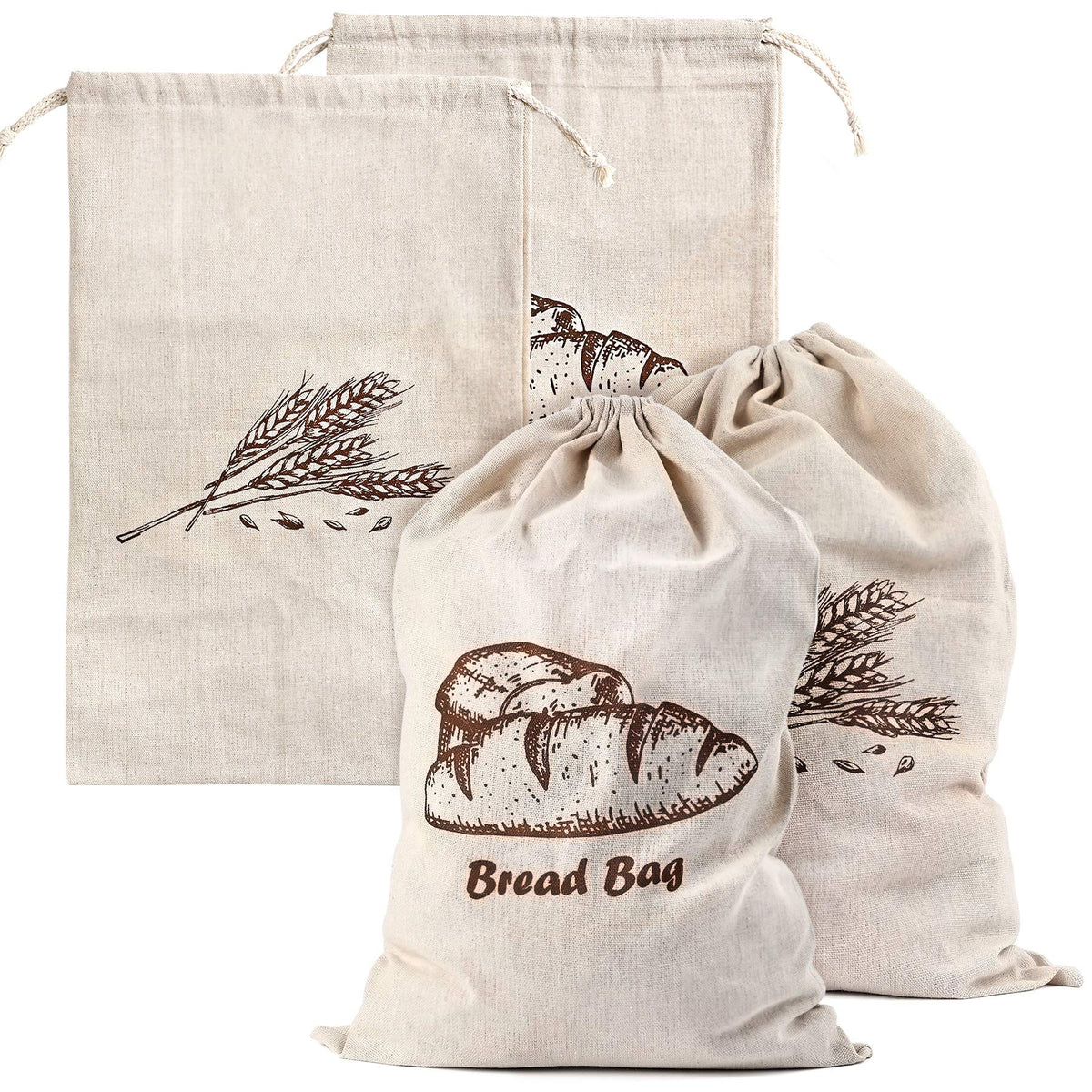 Augshy linen bread bags 4-pack with pattern print for stylish artisan bread storage