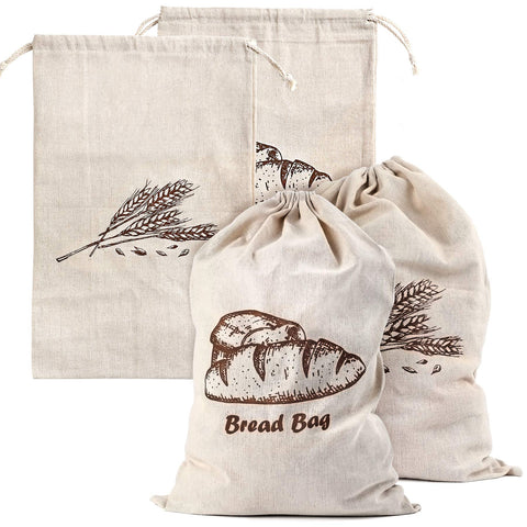 Augshy linen bread bags 4-pack with pattern print for stylish artisan bread storage