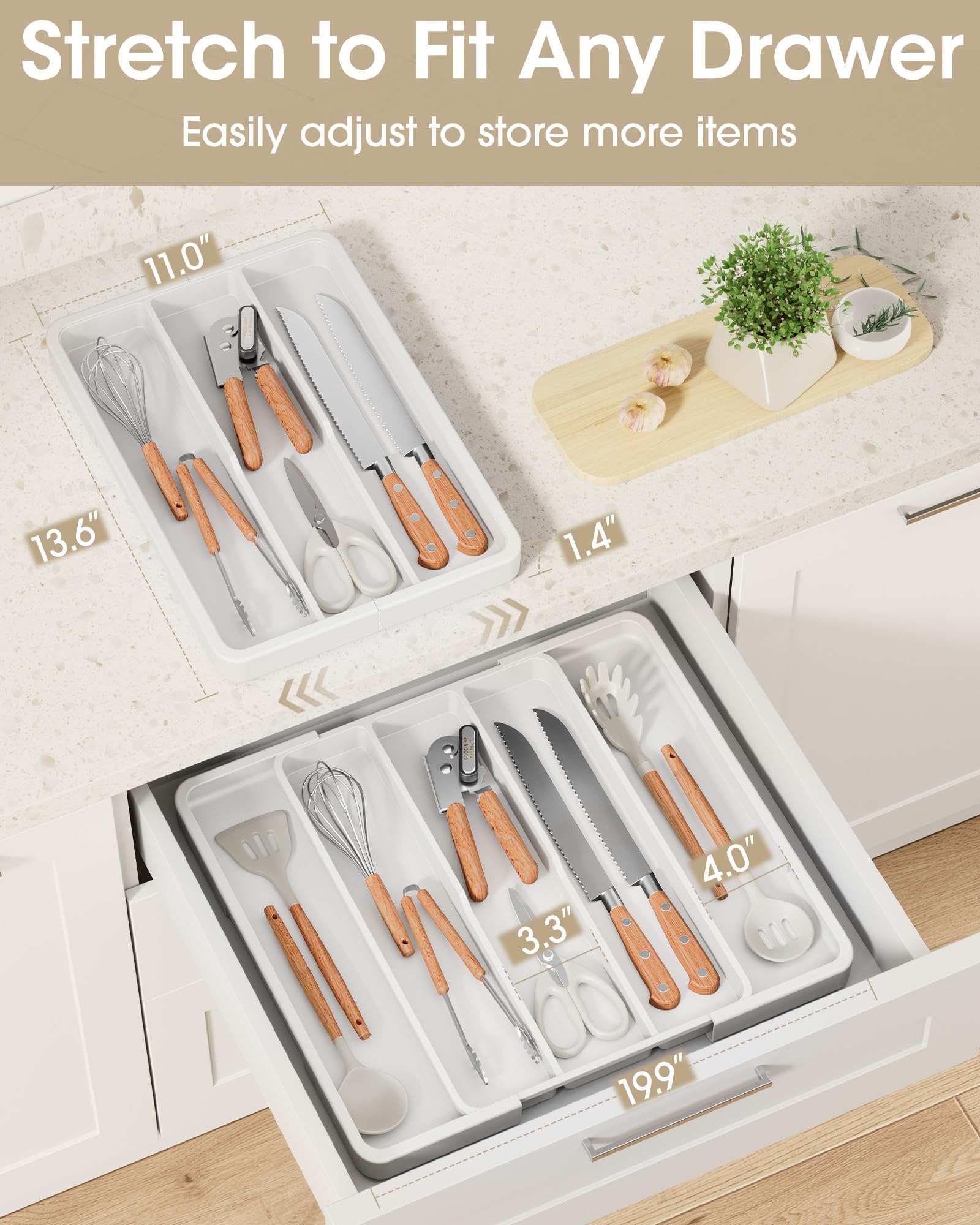 Aujen Silverware Organizer with anti-slip corners prevents sliding and secures items.