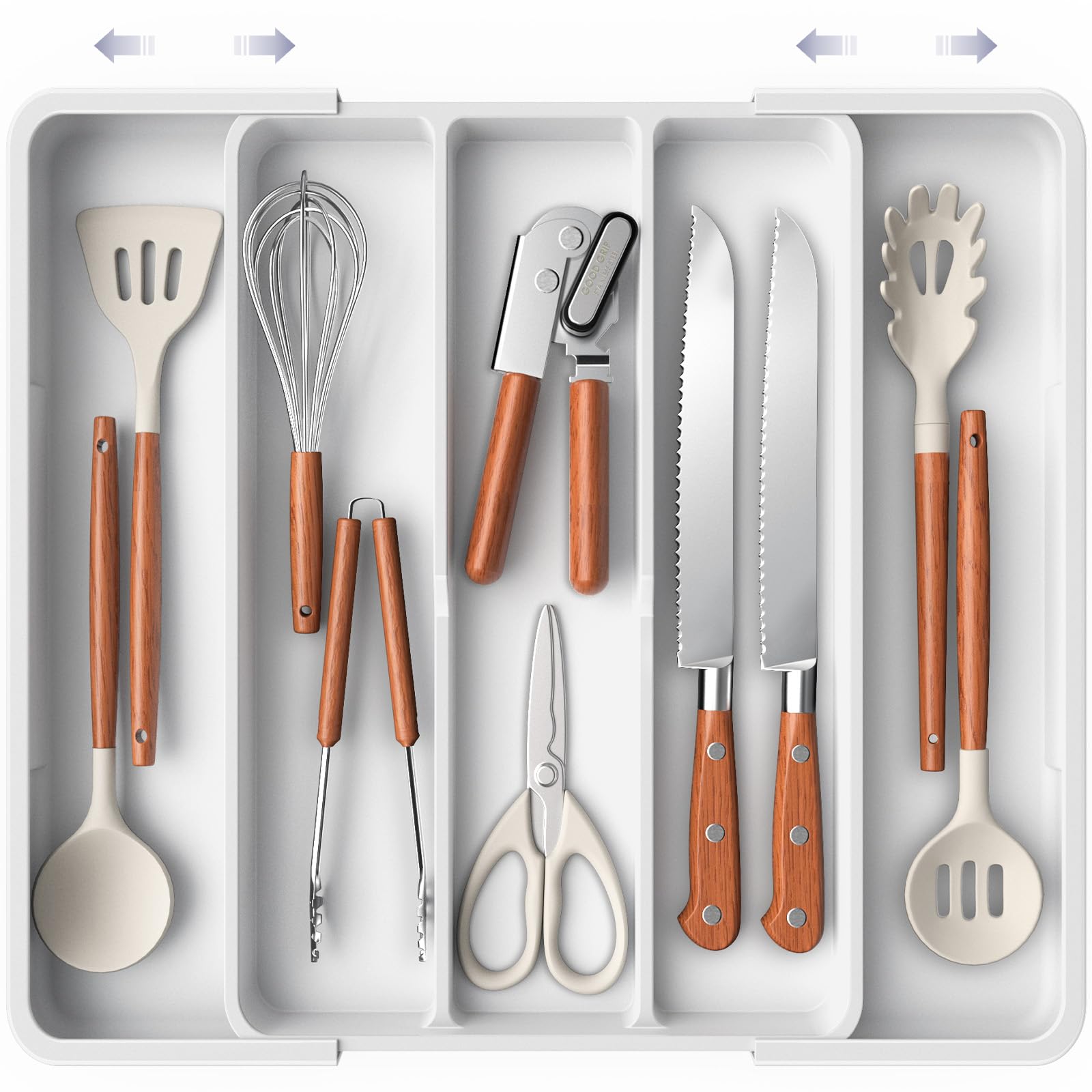 Aujen Silverware Organizer in expanded drawer keeps cutlery neatly organized.