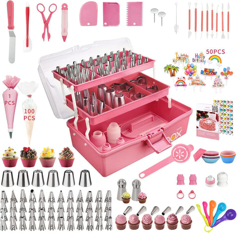 AUKOW cake decorating kit in storage case keeps tools organized.