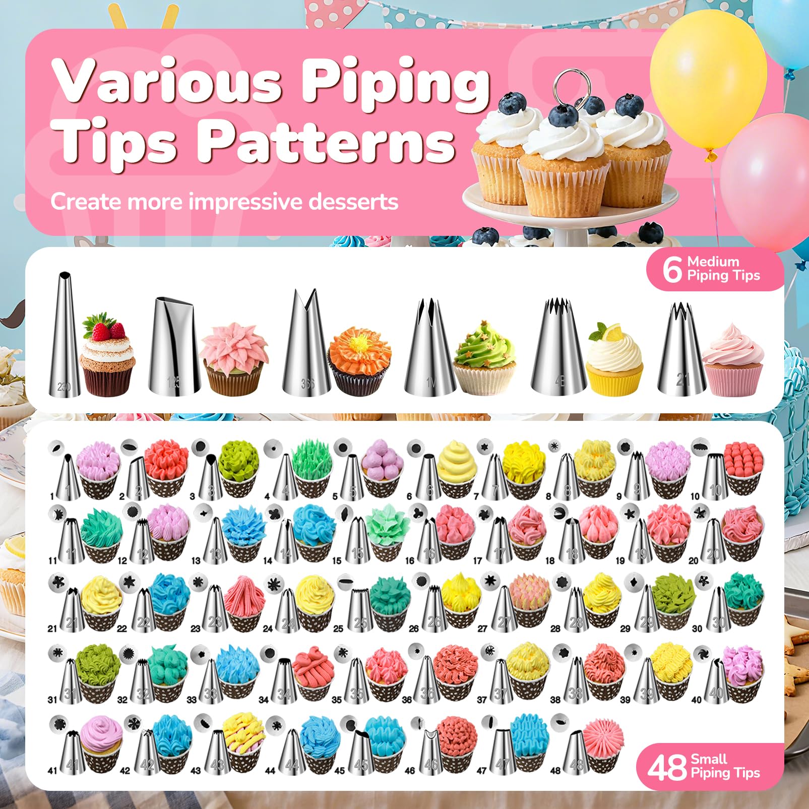 AUKOW piping tips set showing six medium and forty eight small tips
