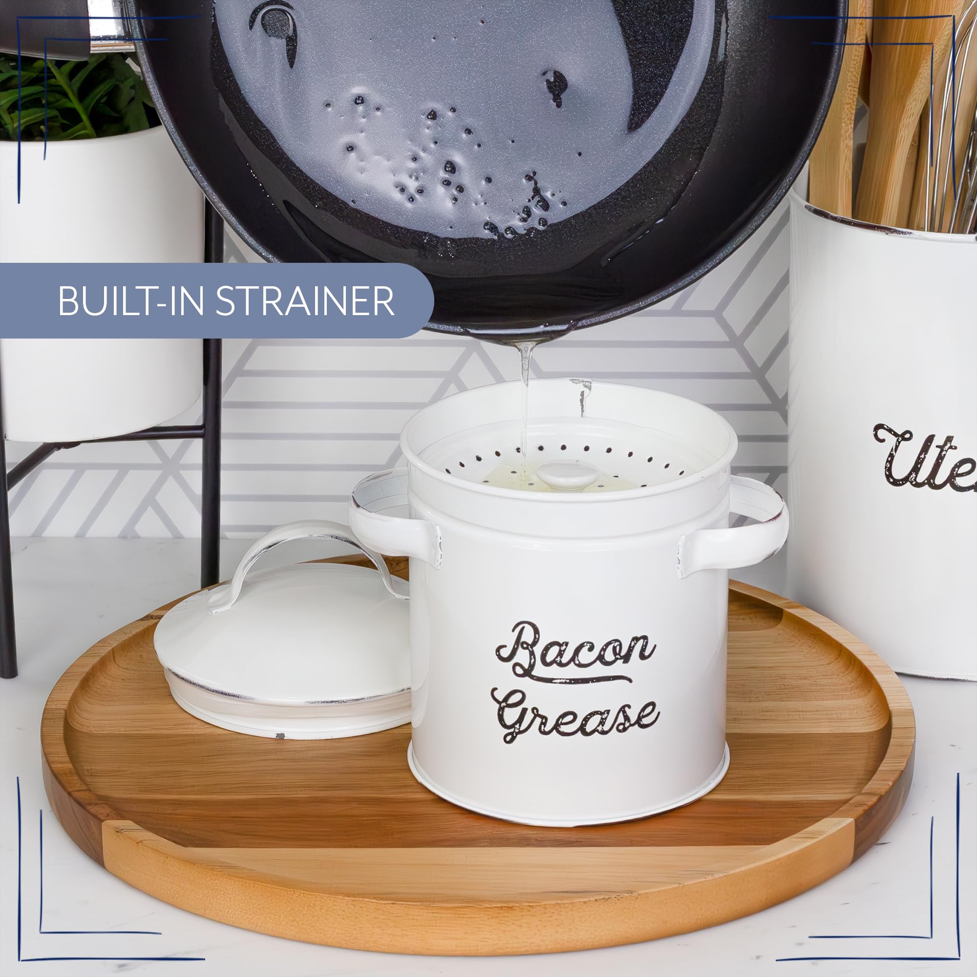 Lid and strainer on a compact grease keeper for neat kitchen fat storage