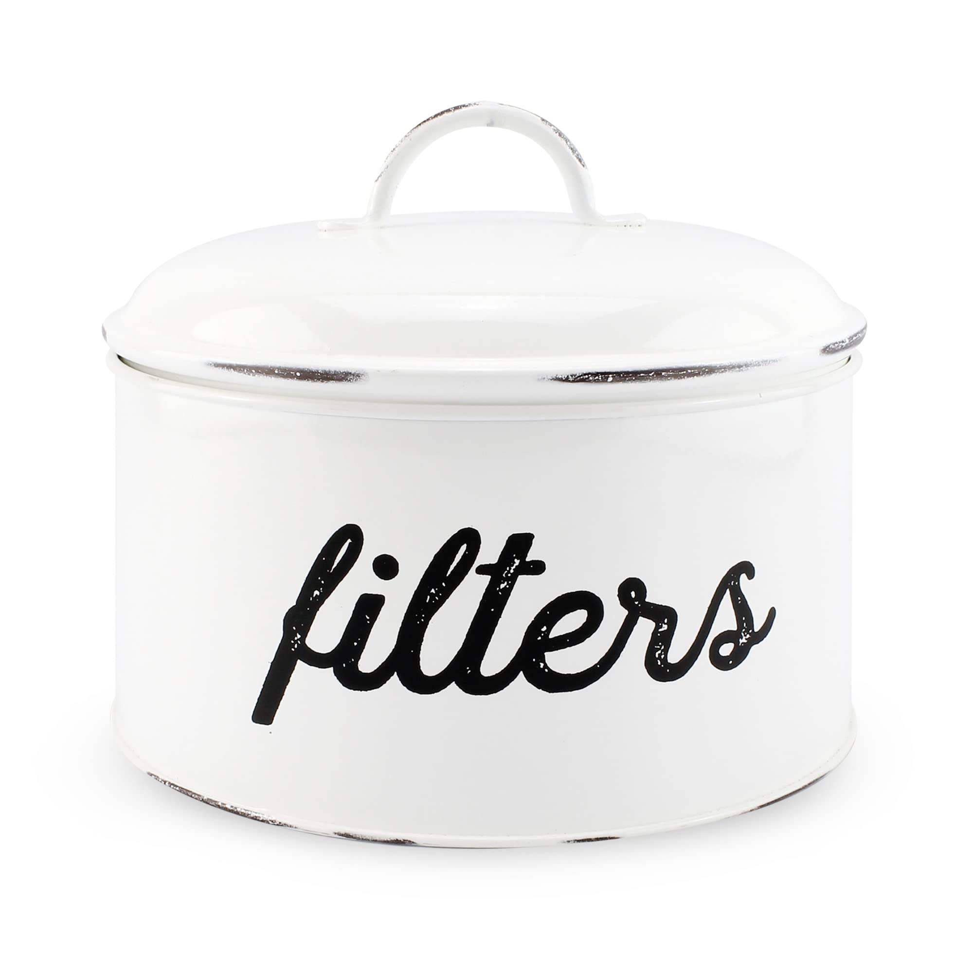 AuldHome Design basket coffee filter holder in white enamel keeps filters organized on the counter.
