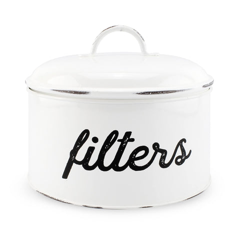 AuldHome Design basket coffee filter holder in white enamel keeps filters organized on the counter.
