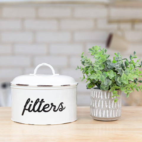 AuldHome Design distressed enamelware detail adds rustic charm to kitchens.