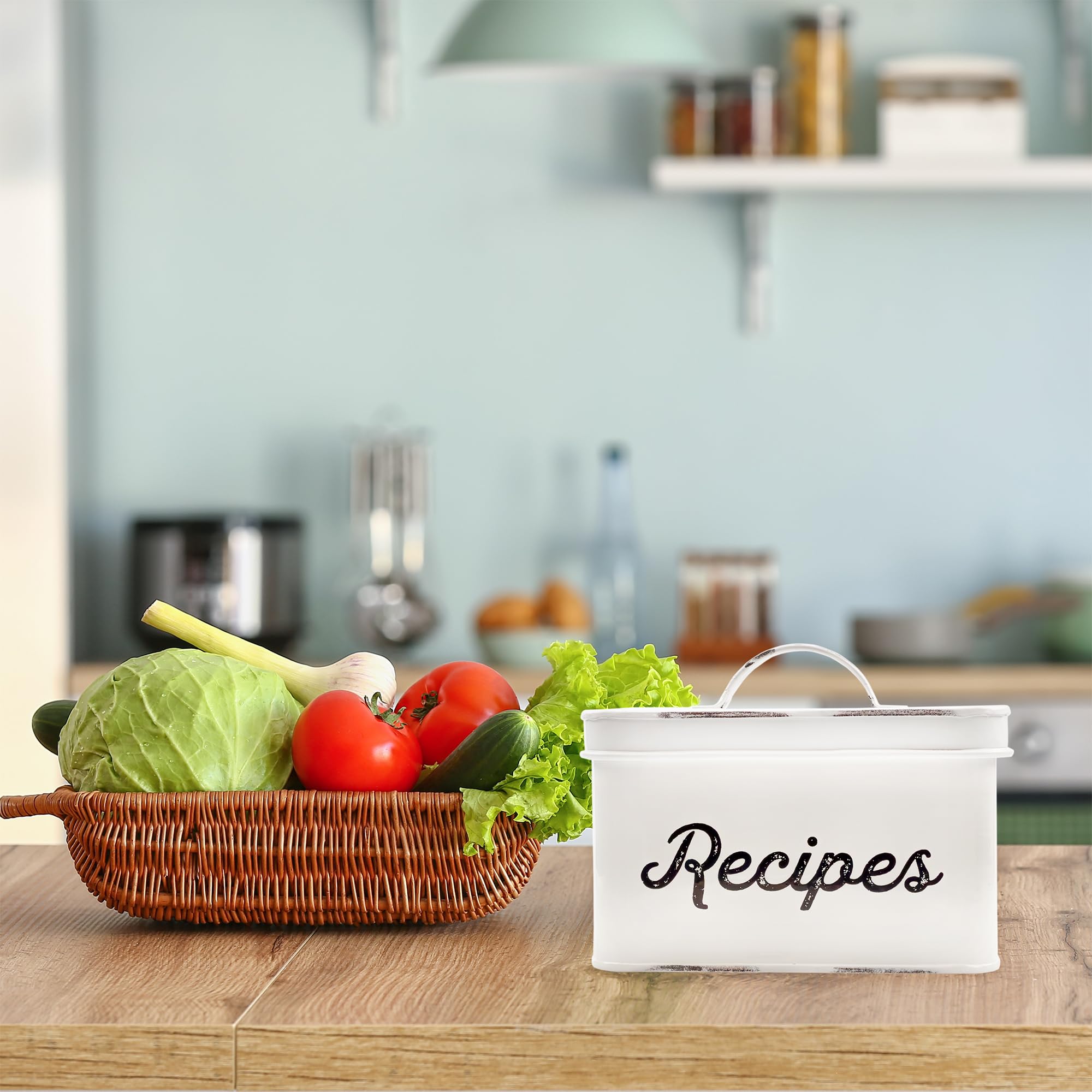 AuldHome Design distressed white enamel box, side detail, highlights vintage charm and durable kitchen storage.