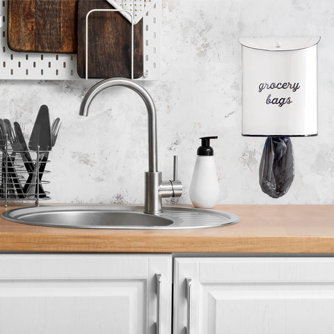 AuldHome Design easy-clean white enamel surface with distressed script.