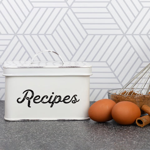 AuldHome Design enamel farmhouse recipe holder, top view, ideal for organizing recipe cards within easy reach.