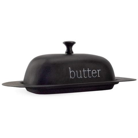 AuldHome Design matte black butter dish front view with retro charm.