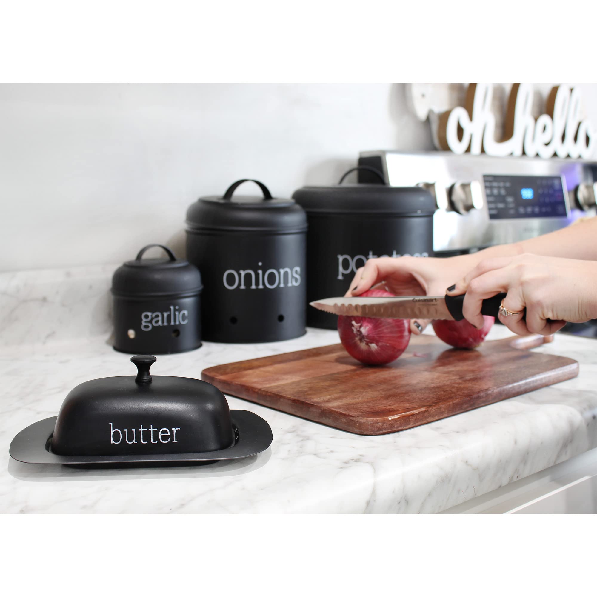AuldHome Design grooved base detail on enamelware butter dish.