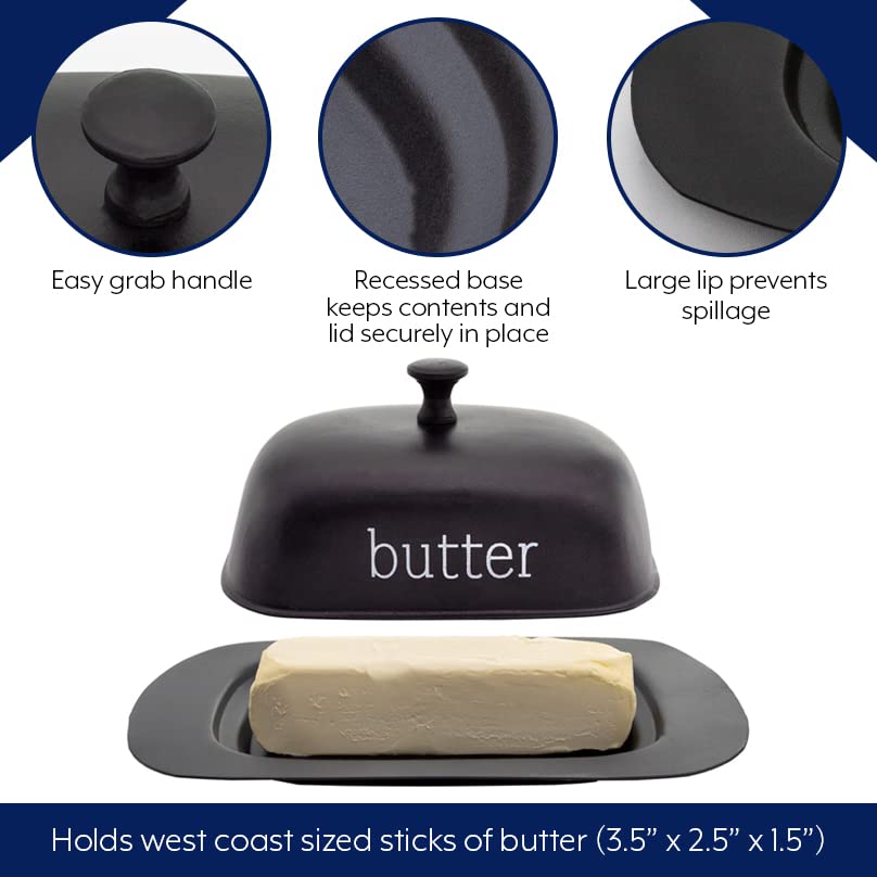 AuldHome Design butter dish styled on a rustic kitchen counter.