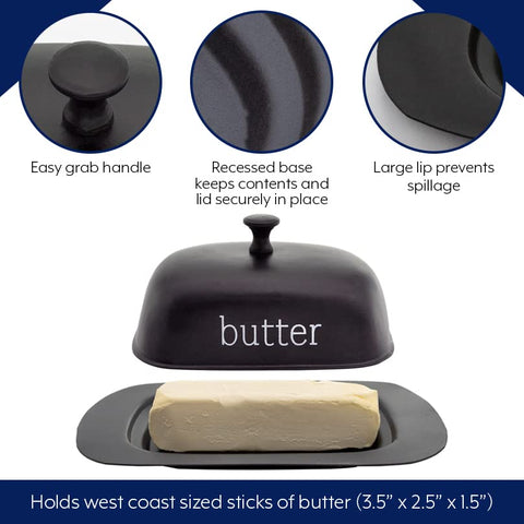 AuldHome Design butter dish styled on a rustic kitchen counter.