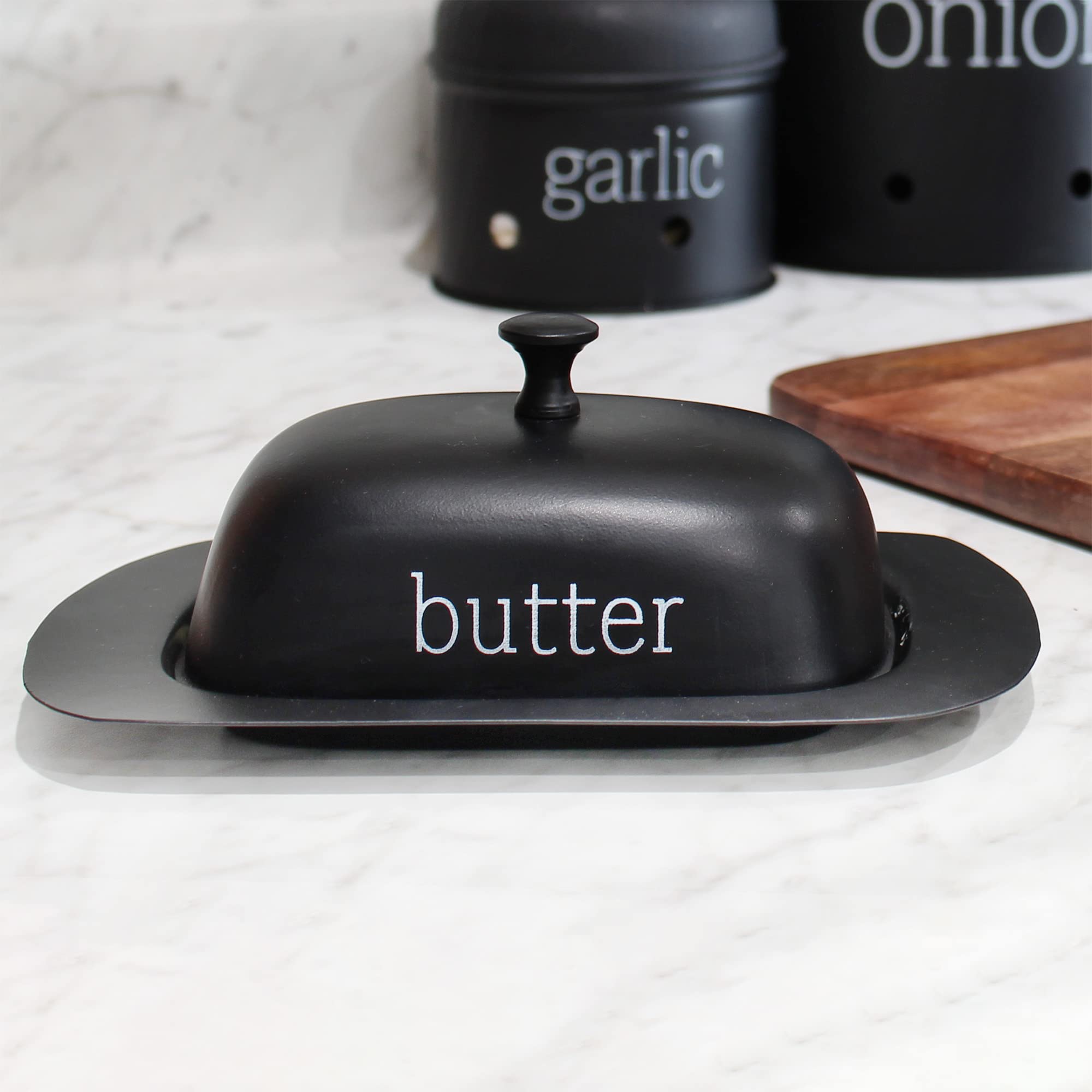 AuldHome Design butter dish lid shown with easy lift handle.