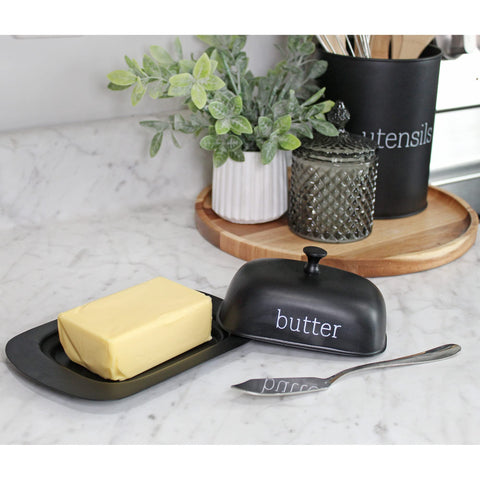 AuldHome Design butter dish open with lid lifted for view.
