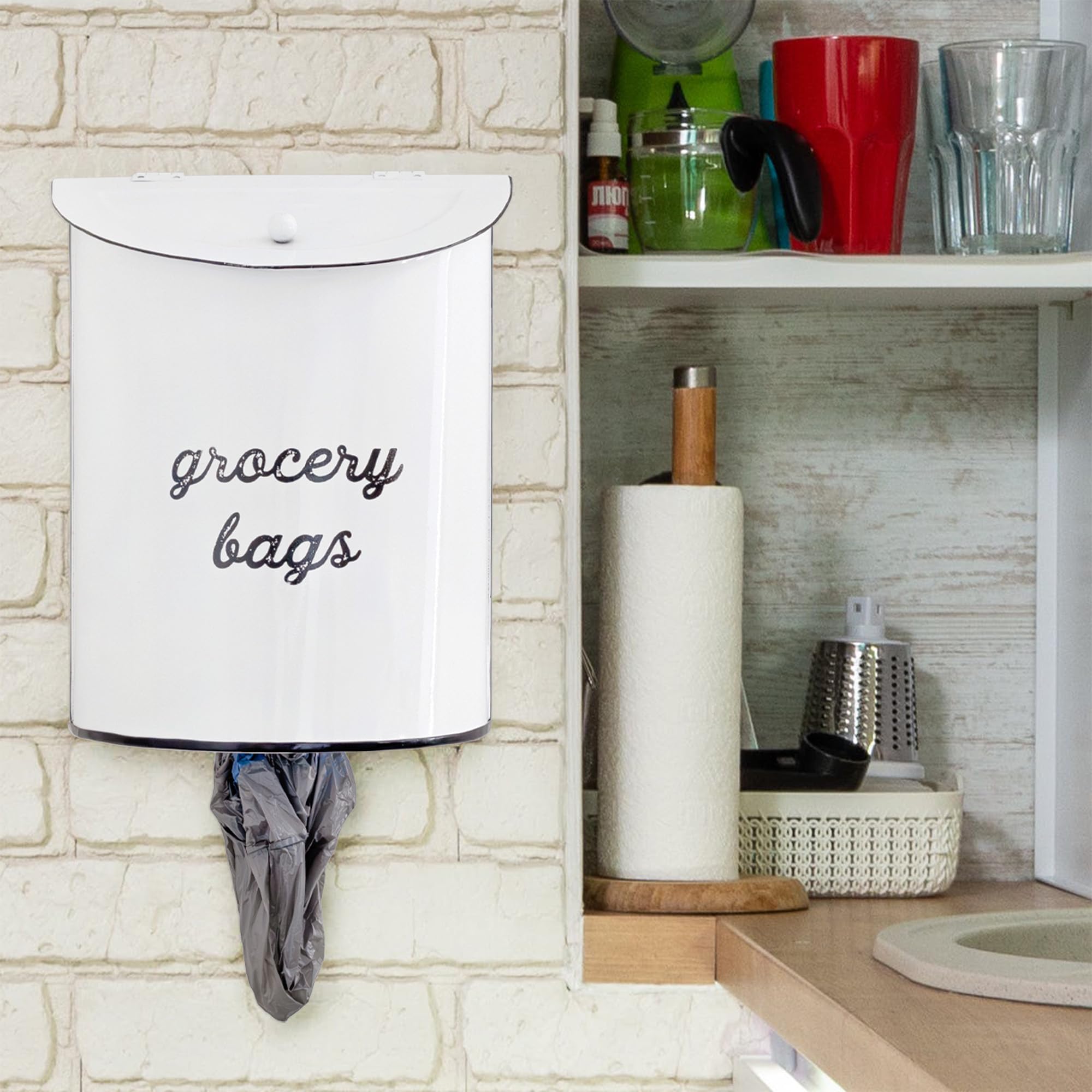 AuldHome Design enamelware farmhouse style dispenser with white distressed finish for kitchen display.