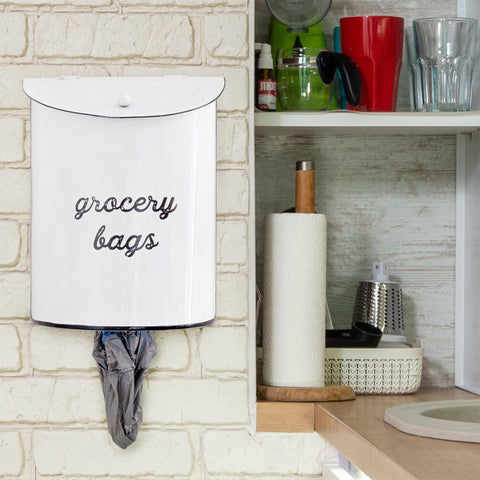 AuldHome Design enamelware farmhouse style dispenser with white distressed finish for kitchen display.