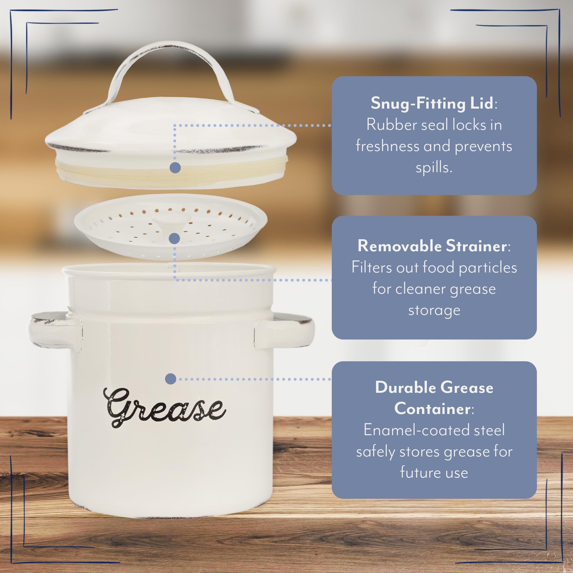 AuldHome Design enamelware in distressed white for farmhouse kitchens